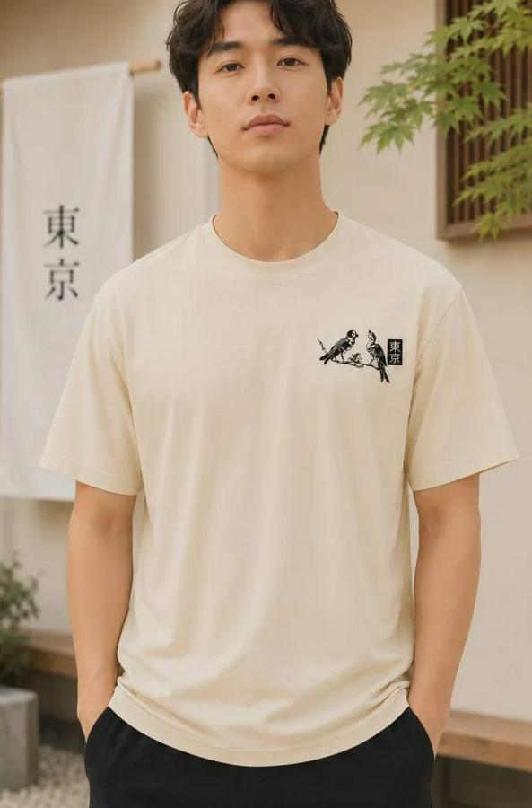 Ön Ve Arka Tokyo Kuş Çiçek Baskılı Oversize T-Shirt