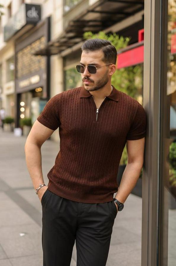 Örgü Desen Fermuar Yakalı Triko Tişört