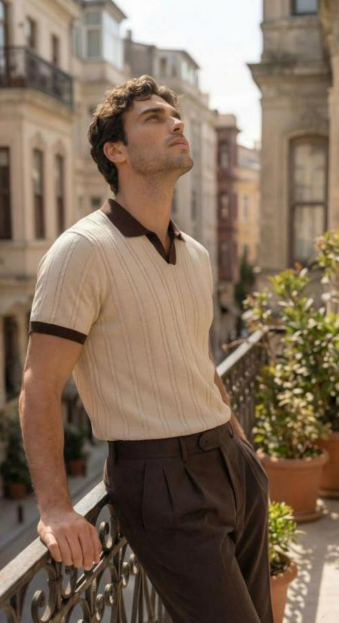 Örgü Desen Yakalı Kısa Kollu Triko Tişört