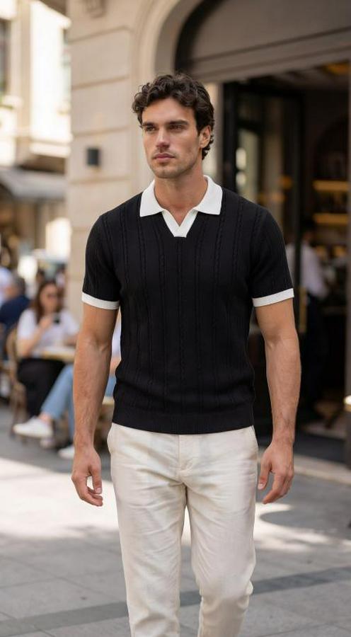 Örgü Desen Yakalı Kısa Kollu Triko Tişört