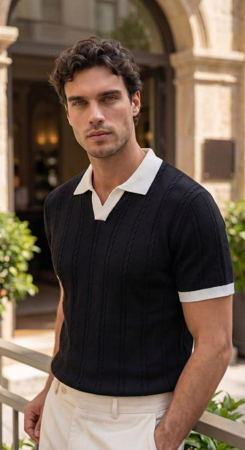 Örgü Desen Yakalı Kısa Kollu Triko Tişört