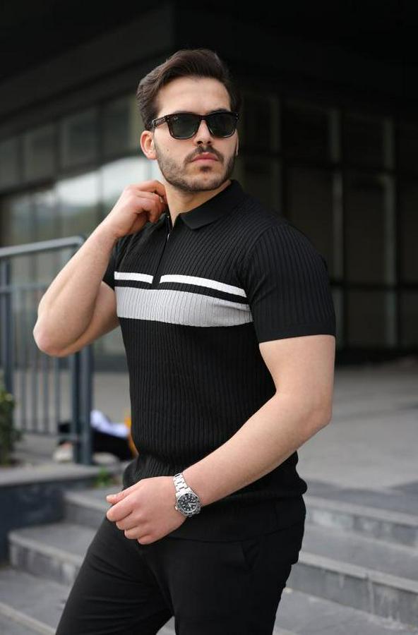 Örgü Desenli Renkli Kısa Kollu Triko Tişört