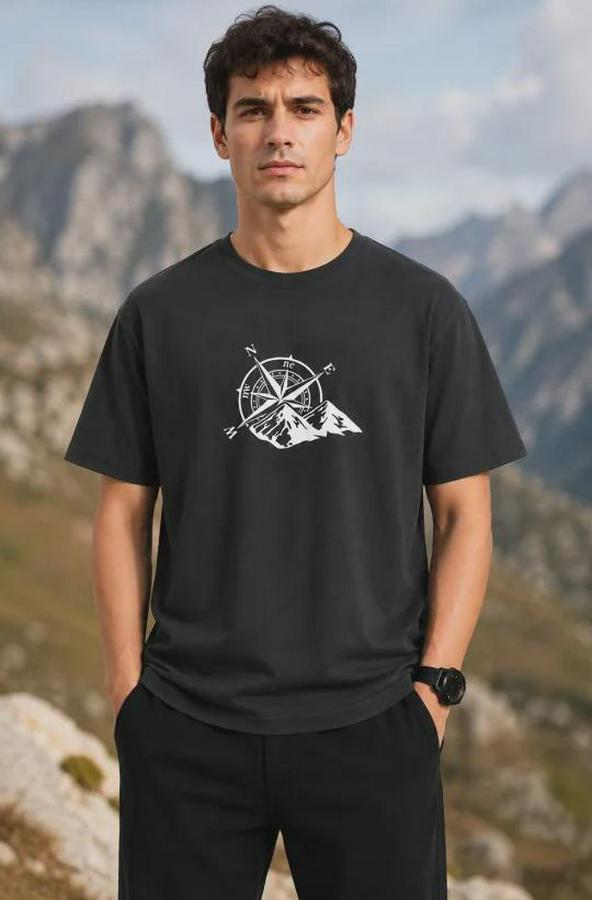 Outdoor Pusula Dağ Baskılı Kısa Kollu Oversize T-Shirt