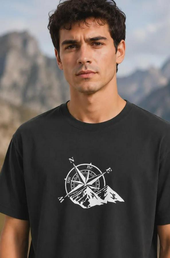 Outdoor Pusula Dağ Baskılı Kısa Kollu Oversize T-Shirt