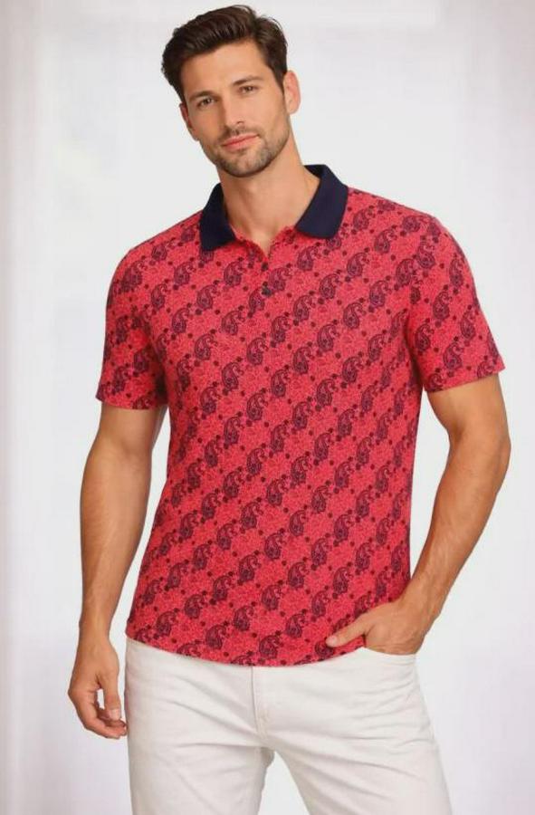 Pike Kumaş Polo Yaka Palmiye Desenli Tişört Kısa Kol Yazlık T-Shirt