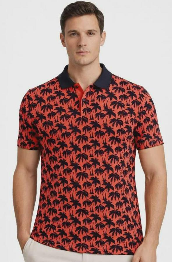 Pike Kumaş Polo Yaka Palmiye Desenli Tişört Kısa Kol Yazlık T-Shirt
