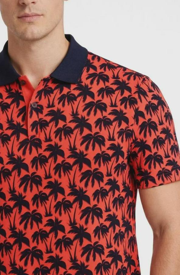 Pike Kumaş Polo Yaka Palmiye Desenli Tişört Kısa Kol Yazlık T-Shirt