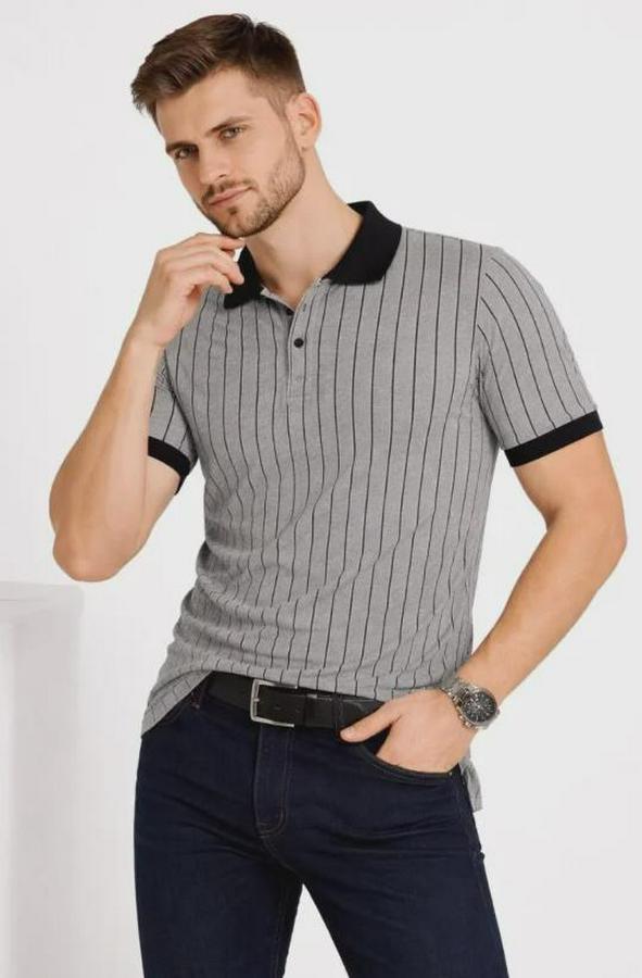 Polo Yaka Çizgili Tişört Kısa Kol Düğmeli Yazlık T-Shirt