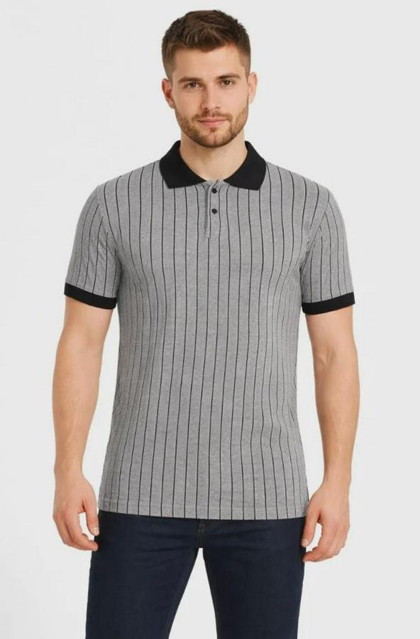 Polo Yaka Çizgili Tişört Kısa Kol Düğmeli Yazlık T-Shirt