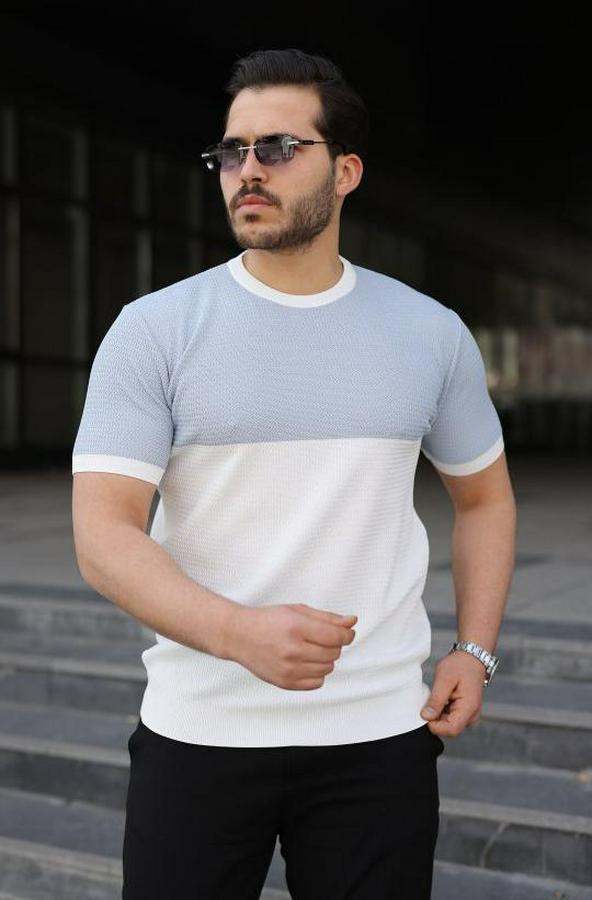 Renk Bloklu Bisiklet Yaka Kısa Kollu Triko Tişört