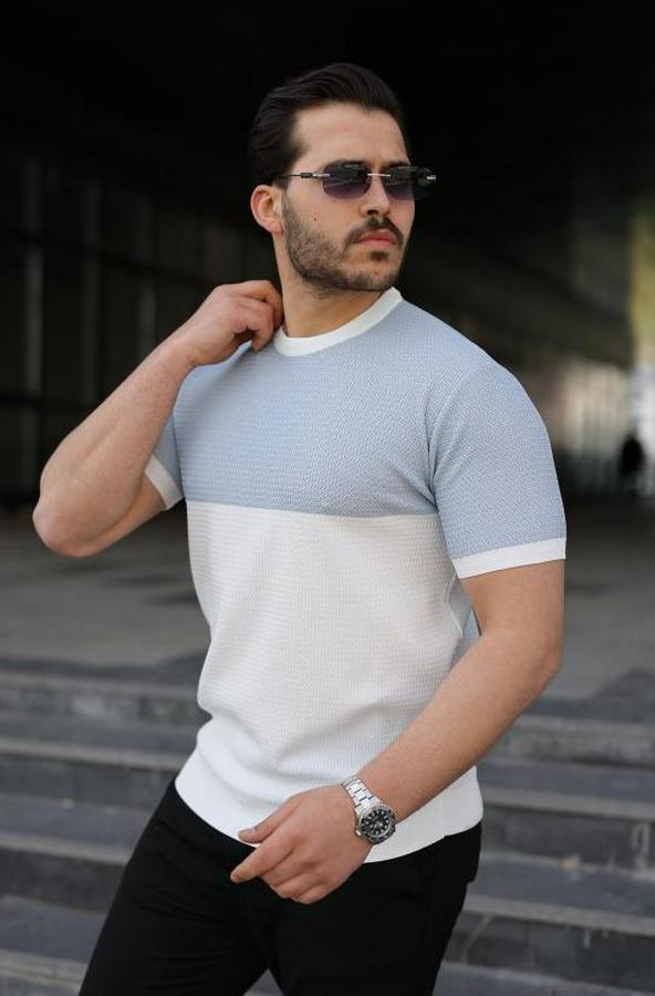 Renk Bloklu Bisiklet Yaka Kısa Kollu Triko Tişört