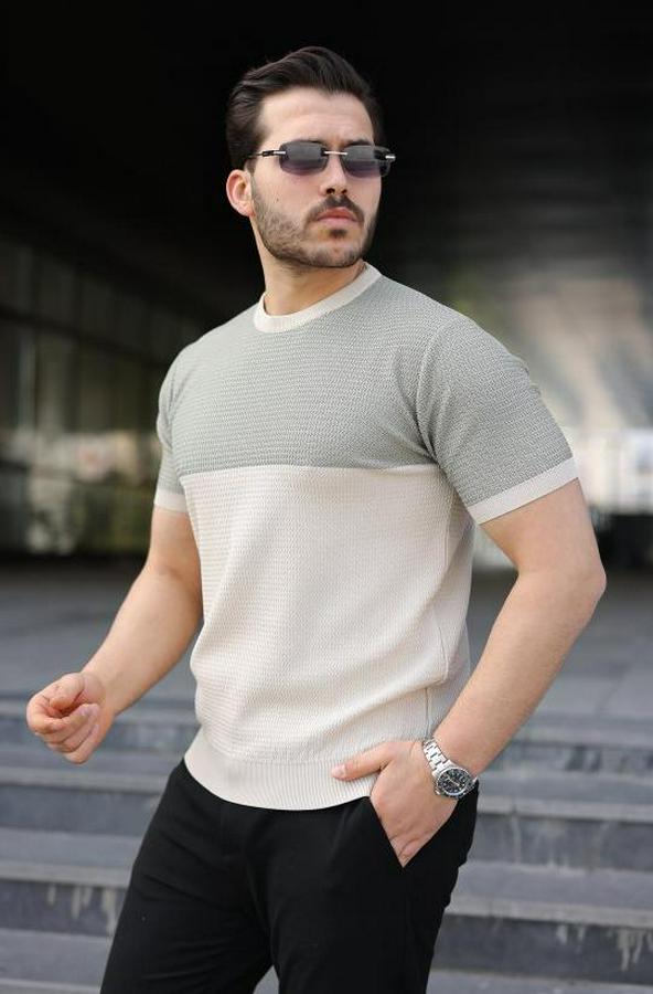 Renk Bloklu Bisiklet Yaka Kısa Kollu Triko Tişört