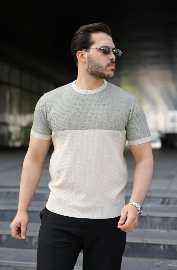 Renk Bloklu Bisiklet Yaka Kısa Kollu Triko Tişört