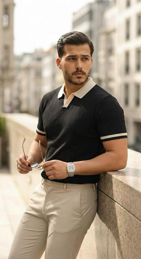 Renkli Yakalı File Desenli Kısa Kollu Tişört