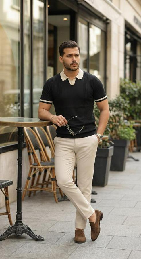 Renkli Yakalı File Desenli Kısa Kollu Tişört