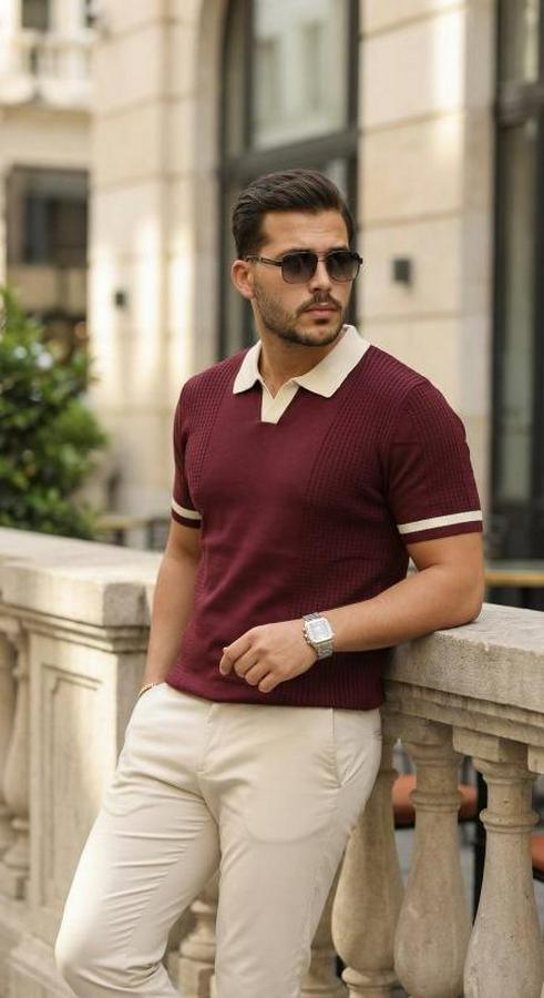 Renkli Yakalı File Desenli Kısa Kollu Tişört