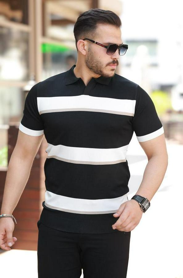 Şerit Desenli Hemşire Yaka Kısa Kollu Tişört