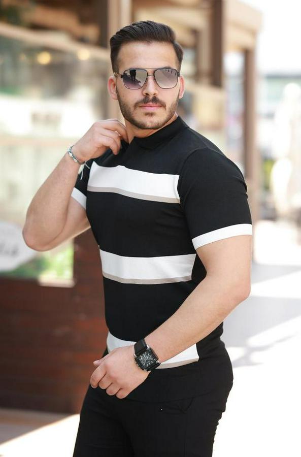 Şerit Desenli Hemşire Yaka Kısa Kollu Tişört