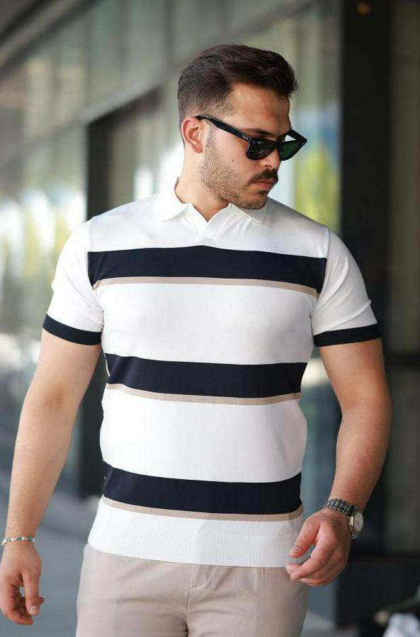 Şerit Desenli Hemşire Yaka Kısa Kollu Tişört