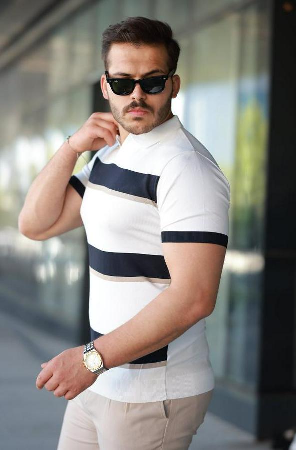 Şerit Desenli Hemşire Yaka Kısa Kollu Tişört