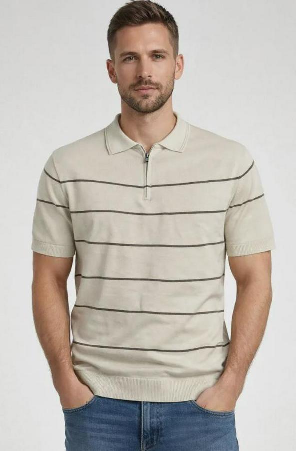 T-Shirt Çizgili Triko Dokuma Kumaş Polo Yaka Yarım Fermuarlı Regular Kalıp Tişört