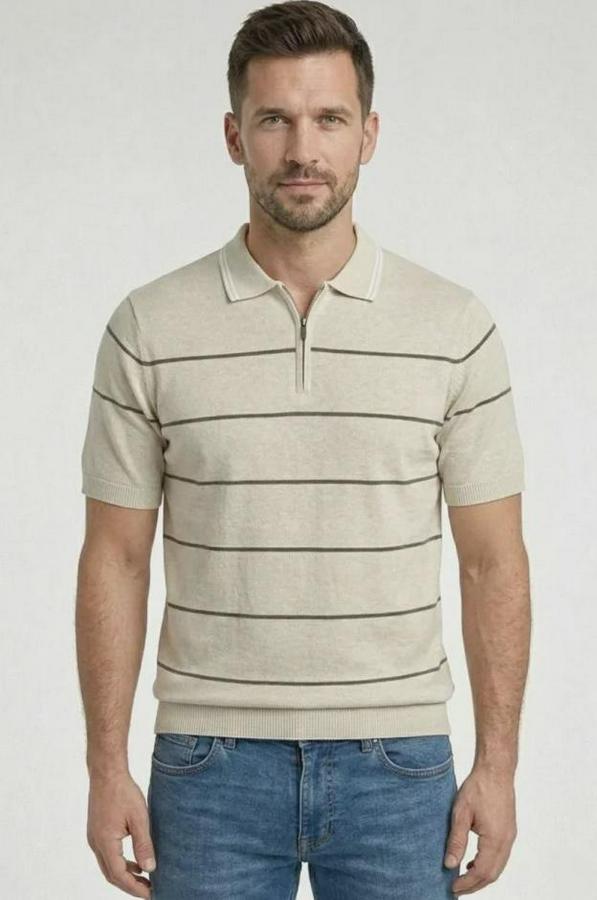 T-Shirt Çizgili Triko Dokuma Kumaş Polo Yaka Yarım Fermuarlı Regular Kalıp Tişört