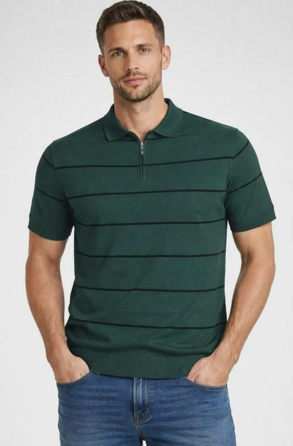 T-Shirt Çizgili Triko Dokuma Kumaş Polo Yaka Yarım Fermuarlı Regular Kalıp Tişört