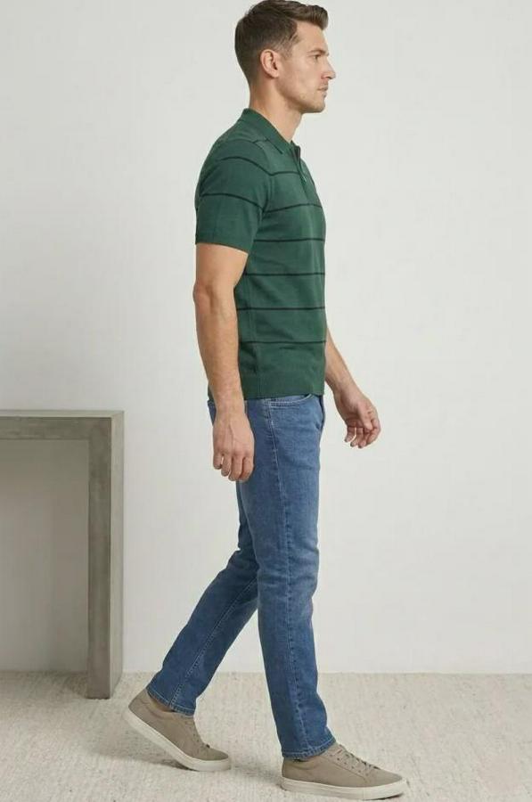 T-Shirt Çizgili Triko Dokuma Kumaş Polo Yaka Yarım Fermuarlı Regular Kalıp Tişört