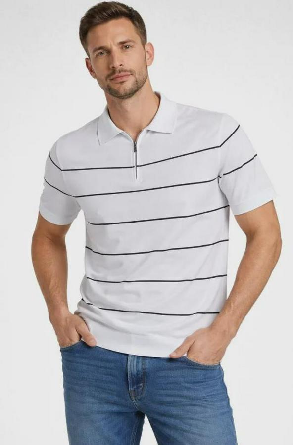 T-Shirt Çizgili Triko Dokuma Kumaş Polo Yaka Yarım Fermuarlı Regular Kalıp Tişört