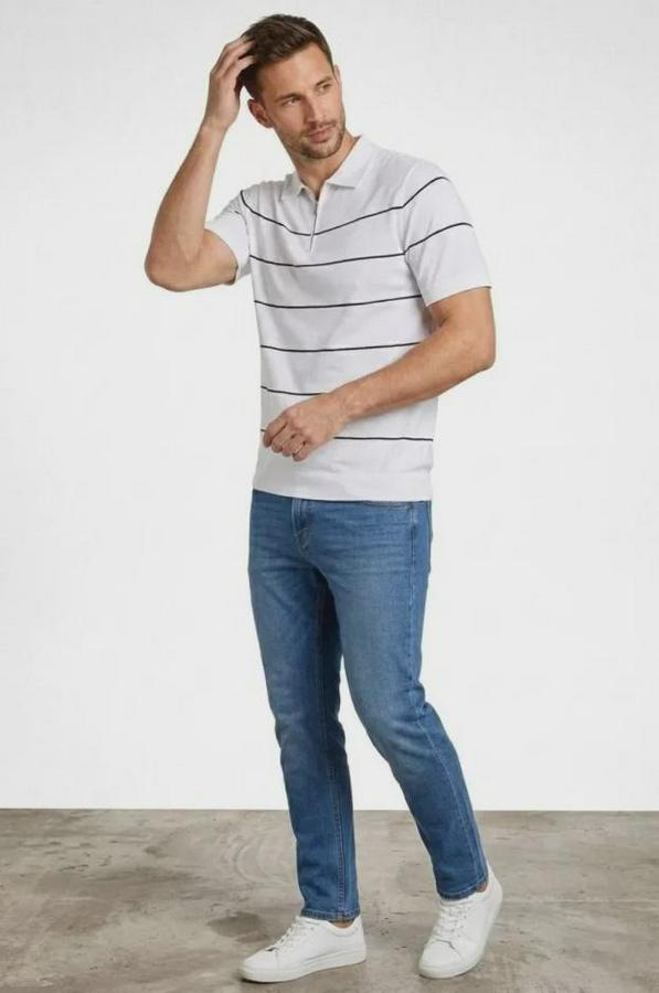 T-Shirt Çizgili Triko Dokuma Kumaş Polo Yaka Yarım Fermuarlı Regular Kalıp Tişört