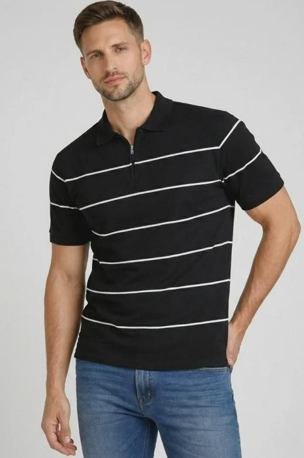 T-Shirt Çizgili Triko Dokuma Kumaş Polo Yaka Yarım Fermuarlı Regular Kalıp Tişört