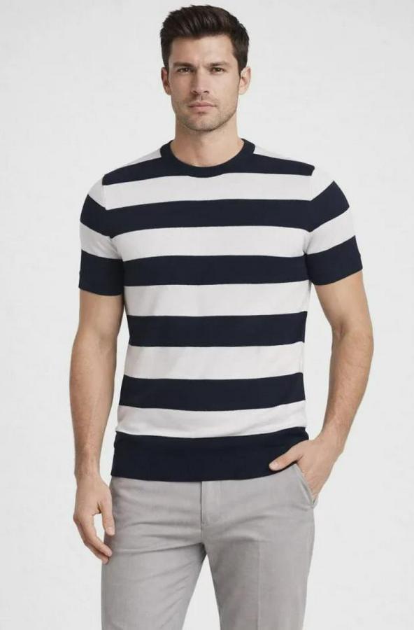 T-Shirt Çizgili Triko Dokuma Bisiklet Yaka Tişört 