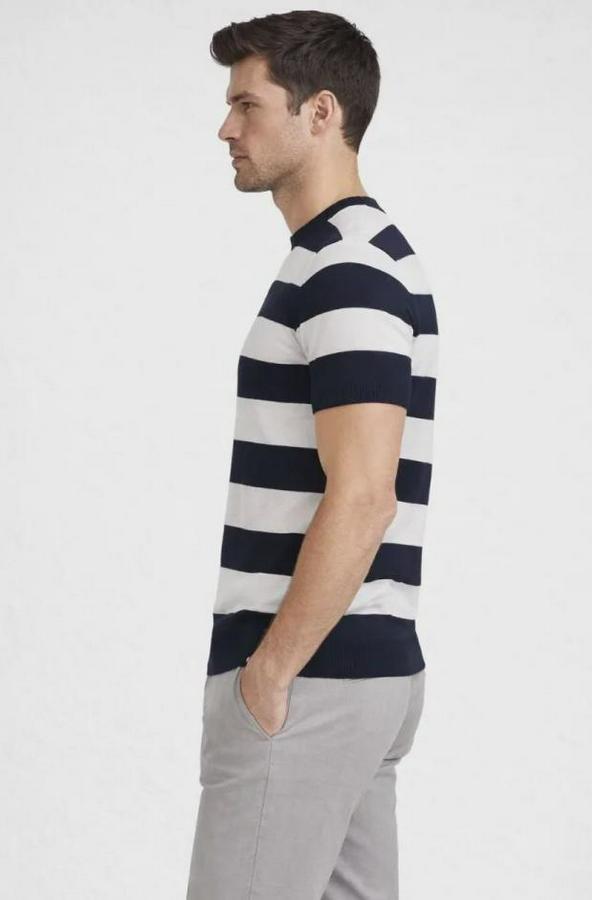 T-Shirt Çizgili Triko Dokuma Bisiklet Yaka Tişört 