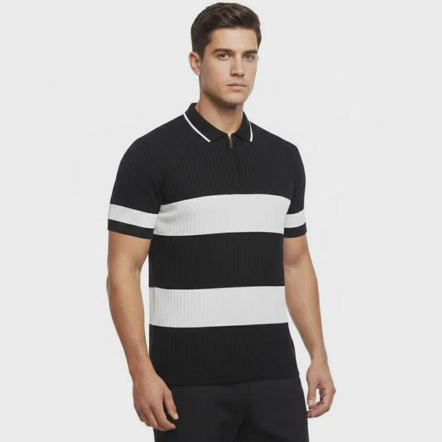 T-Shirt Çizgili Triko Dokuma Kumaş Polo Yaka Yarım Fermuarlı Regular Kalıp Tişört