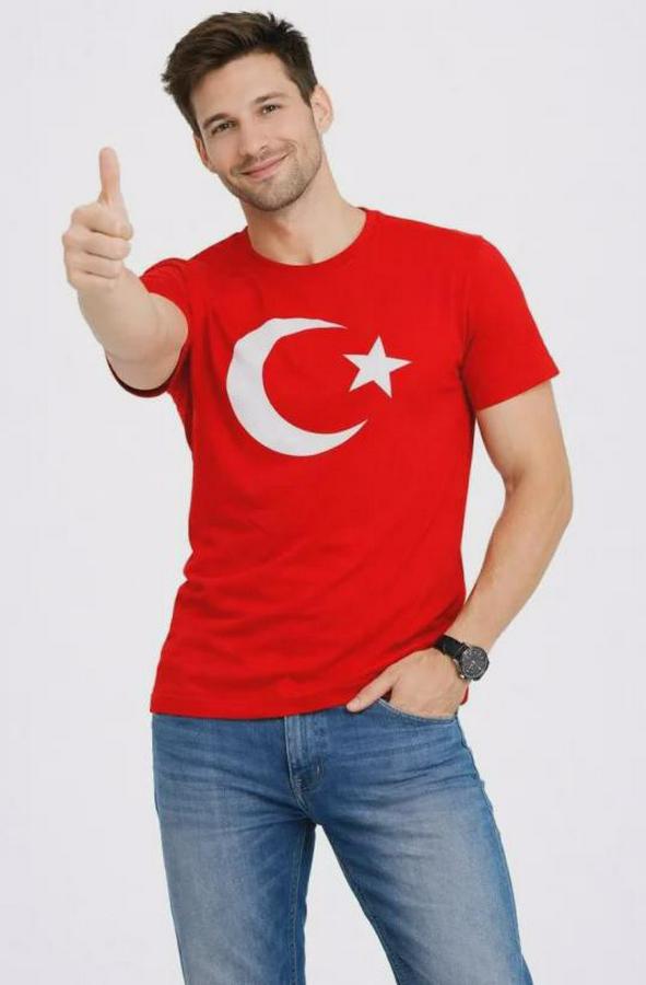 T-Shirt Kısa Kol Bisiklet Yaka Ay Yıldız Bayrak Baskılı Tişört