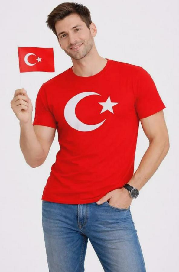 T-Shirt Kısa Kol Bisiklet Yaka Ay Yıldız Bayrak Baskılı Tişört