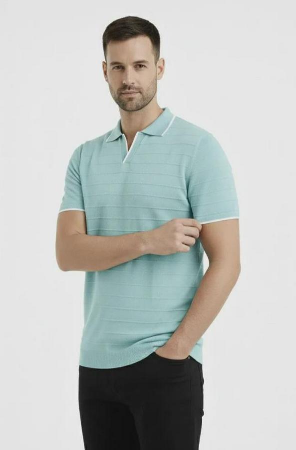 Triko Kumaş Yakalı Düğmesiz Açık Yaka Fitilli Kısa Kollu Regular Fit Tişört T-Shirt