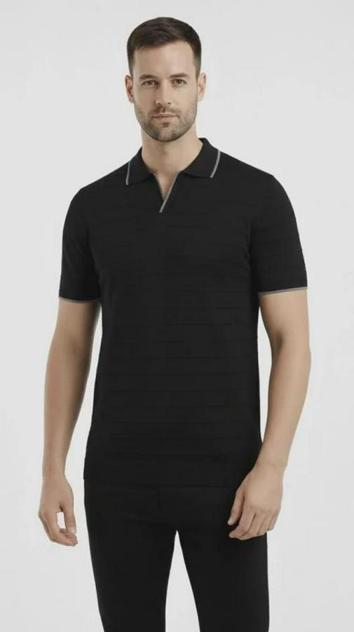 Triko Kumaş Yakalı Düğmesiz Açık Yaka Fitilli Kısa Kollu Regular Fit Tişört T-Shirt