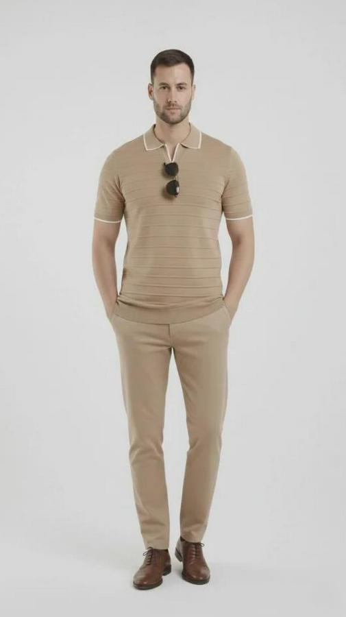 Triko Kumaş Yakalı Düğmesiz Açık Yaka Fitilli Kısa Kollu Regular Fit Tişört T-Shirt