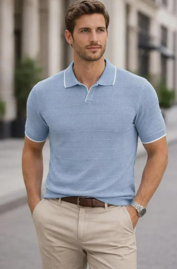 Triko Kumaş Yakalı Düğmesiz Açık Yaka Fitilli Kısa Kollu Regular Fit Tişört T-Shirt