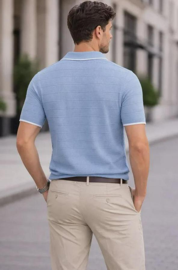 Triko Kumaş Yakalı Düğmesiz Açık Yaka Fitilli Kısa Kollu Regular Fit Tişört T-Shirt