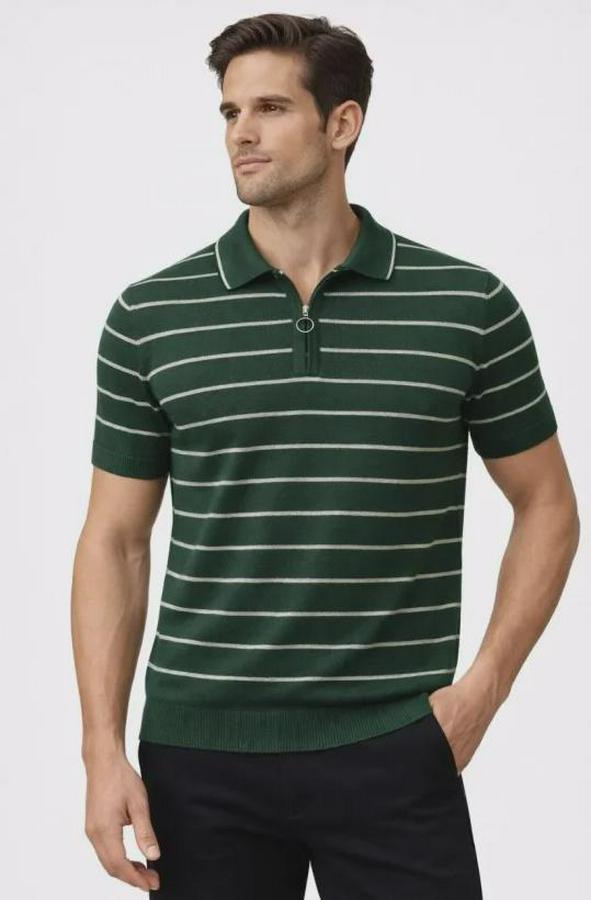Triko Polo Yaka Fermuarlı Çizgili Tişört T-Shirt Yazlık Şık