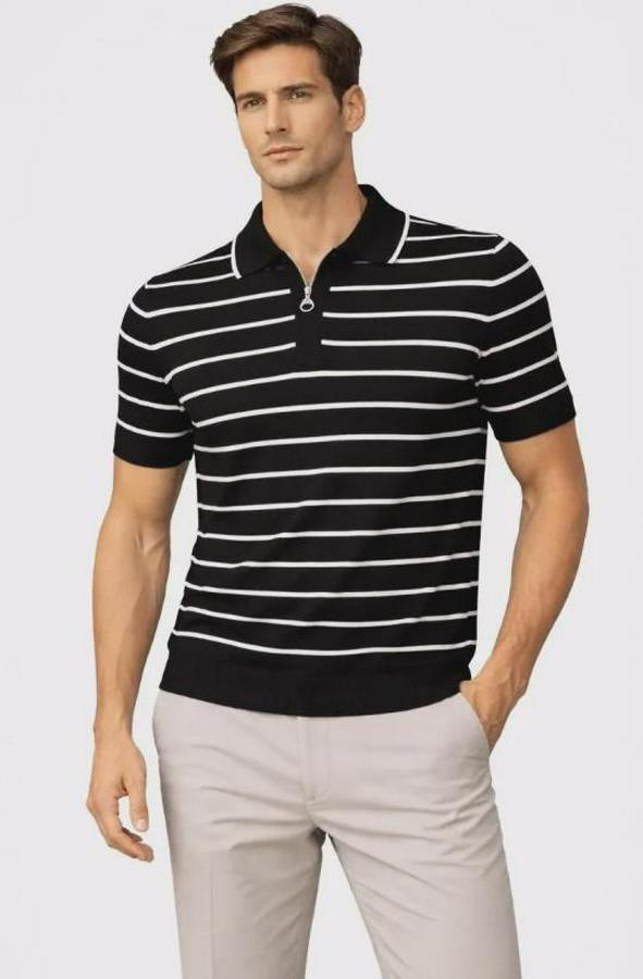 Triko Polo Yaka Fermuarlı Çizgili Tişört T-Shirt Yazlık Şık