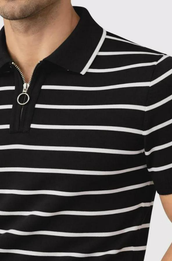Triko Polo Yaka Fermuarlı Çizgili Tişört T-Shirt Yazlık Şık