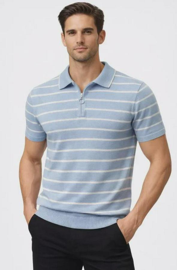 Triko Polo Yaka Fermuarlı Çizgili Tişört T-Shirt Yazlık Şık
