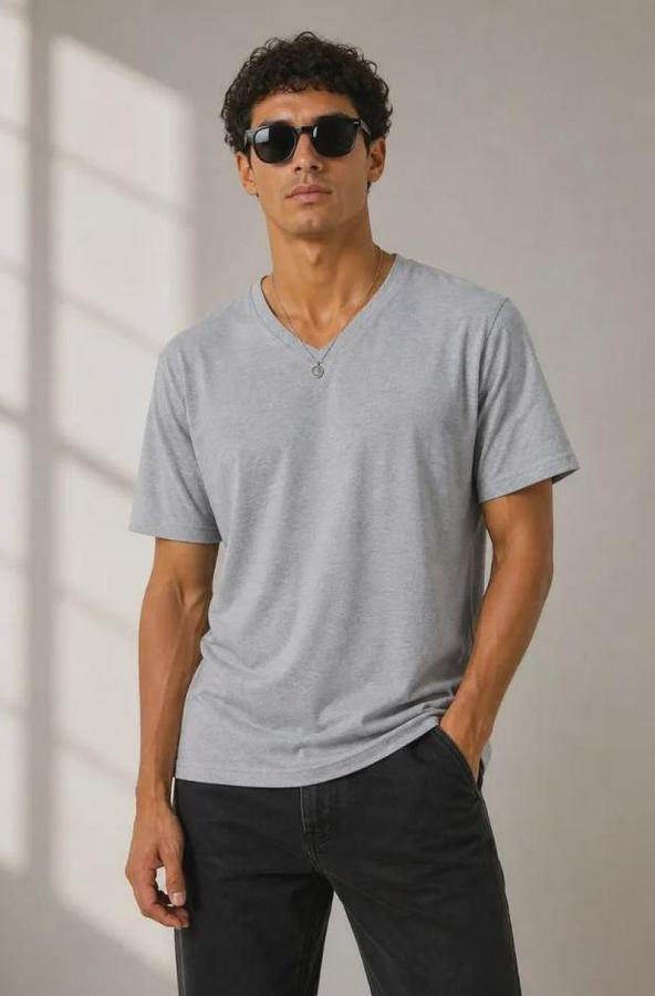 V Yaka Basic Tişört Kısa Kol Yazlık Regular Fit T-Shirt
