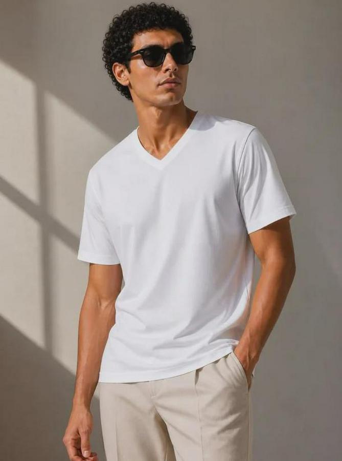 V Yaka Basic Tişört Kısa Kol Yazlık Regular Fit T-Shirt