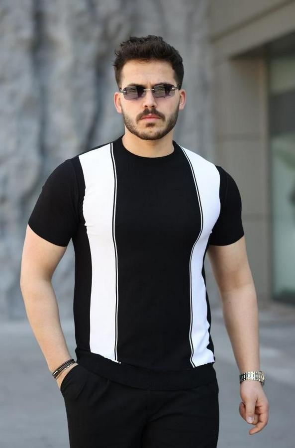 Viskon Kumaş Bisiklet Yaka Çizgi Desenli Tişört