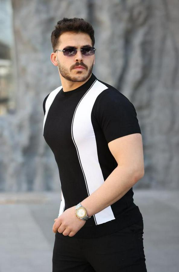 Viskon Kumaş Bisiklet Yaka Çizgi Desenli Tişört