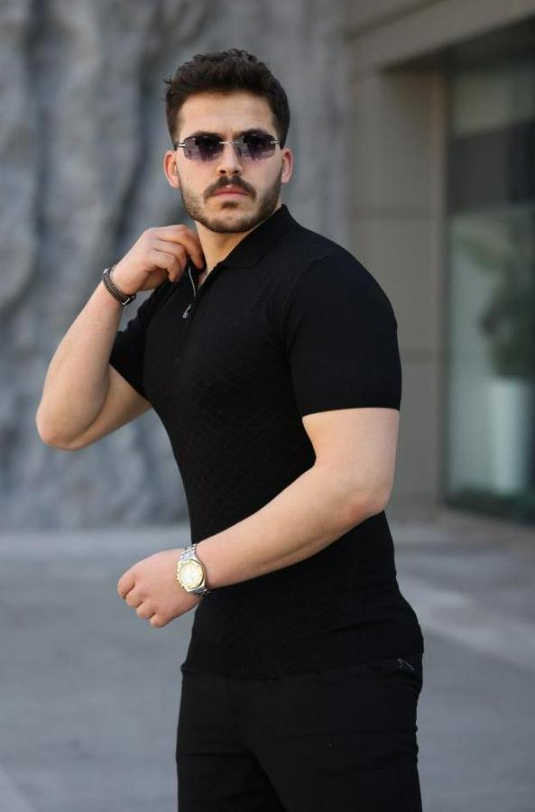 Viskon Kumaş Polo Yaka Desenli Tişört